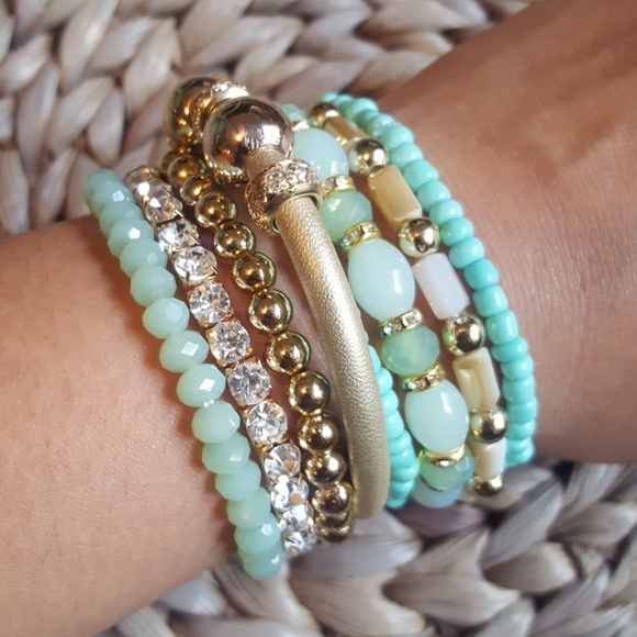 Mint/Gold stackable bracelets - Picture 4 of 7